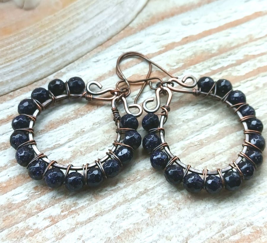 Handmade Copper Large Hoop Earrings with Blue Goldstone Beads