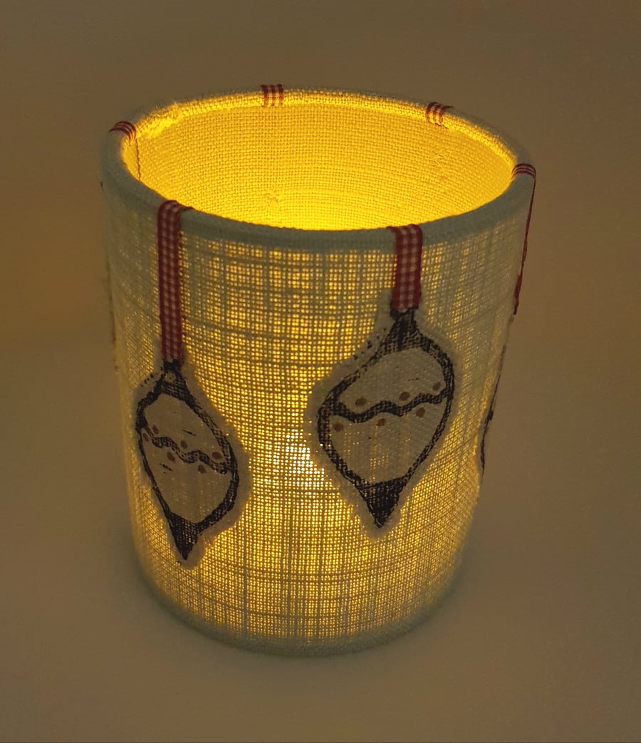 Hand printed bauble lantern (Pale Blue with Red&White Ribbon)