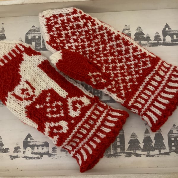 Hand Knitted Scandi Inspired Ladies Nordic Mittens Dala Horse Design 