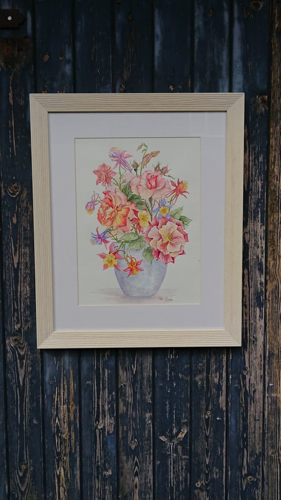 Pink Roses and aquilegia painting in blue pottery vase