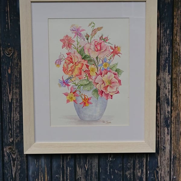 Pink Roses and aquilegia painting in blue pottery vase