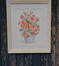 Pink Roses and aquilegia painting in blue pottery vase - Image 1
