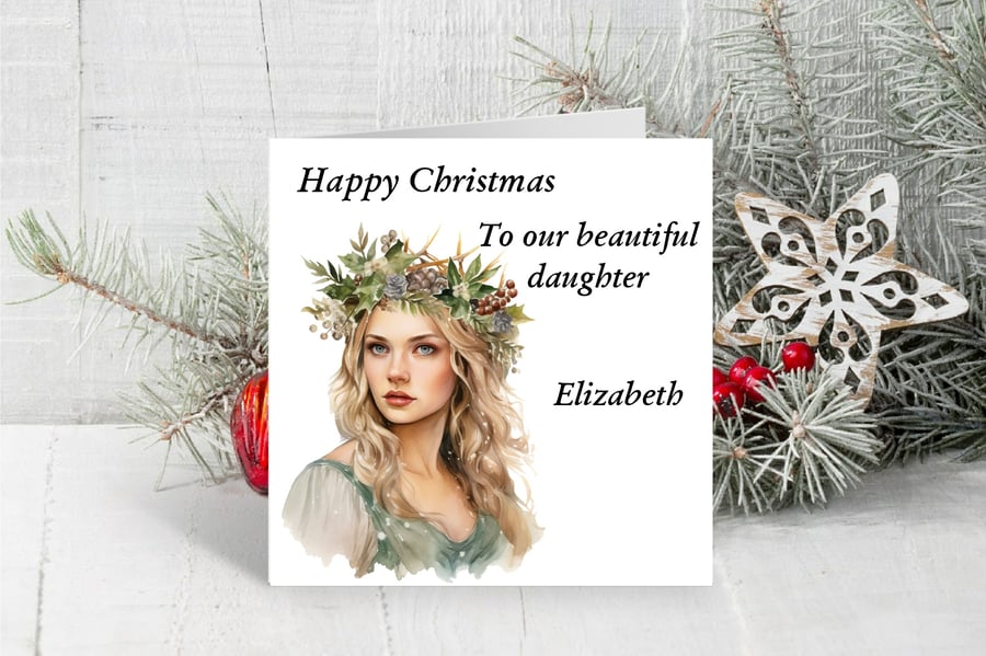 Personalised Yule Snow Queen Christmas Card. Winter Birthday Card. Design 1