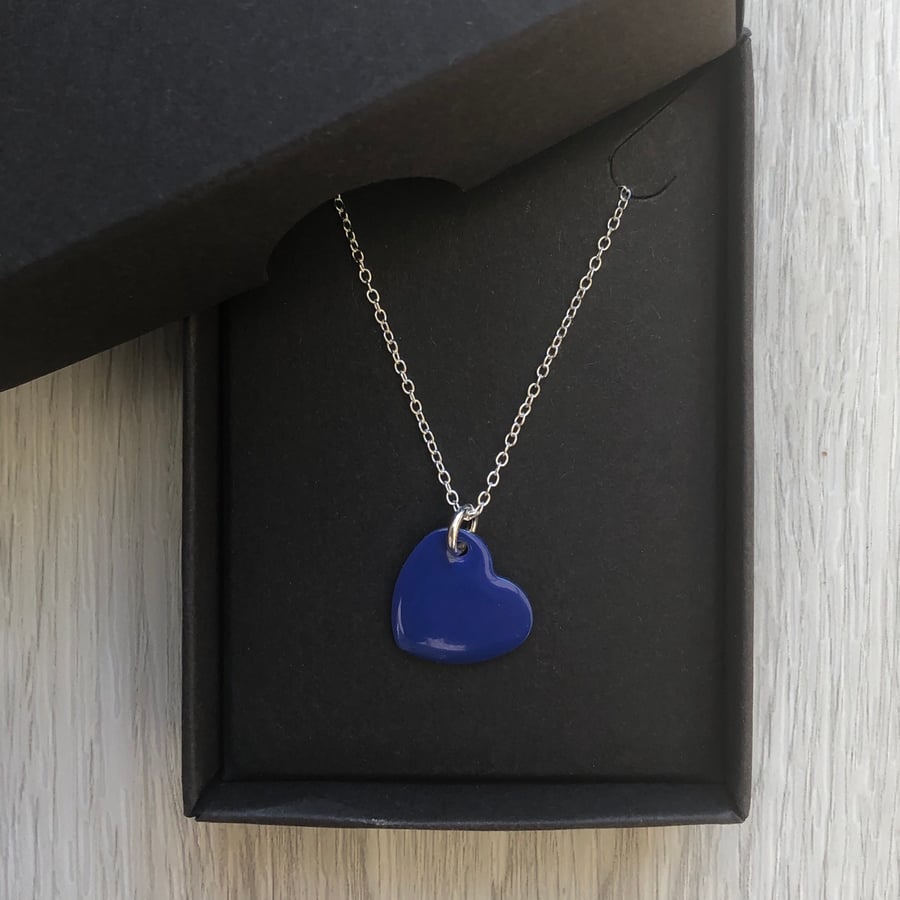 Dark blue enamel heart necklace. Sterling silver necklace 