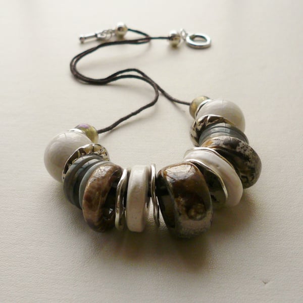 Collar Necklace Grey White Earth Tone Ceramic Rondelle Bead   KCJ1697