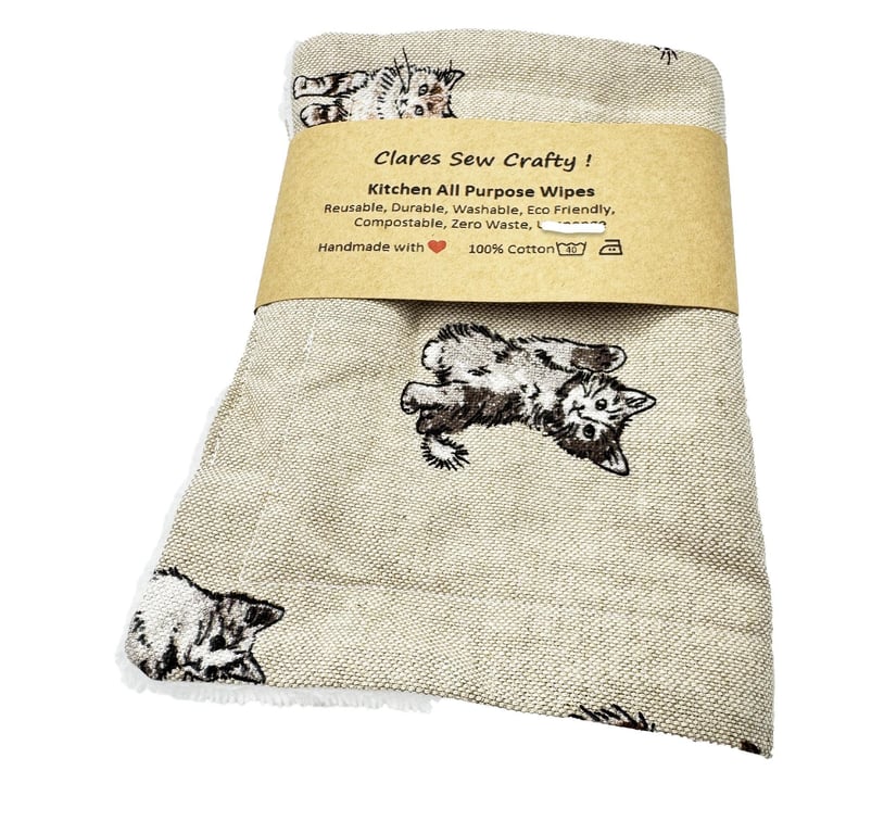 All Purpose Dish Cloths, Linen Look with Cream towelling back, Kittens, Handmade