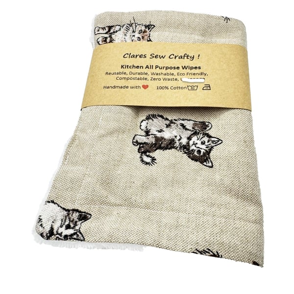All Purpose Dish Cloths, Linen Look with Cream towelling back, Kittens, Handmade