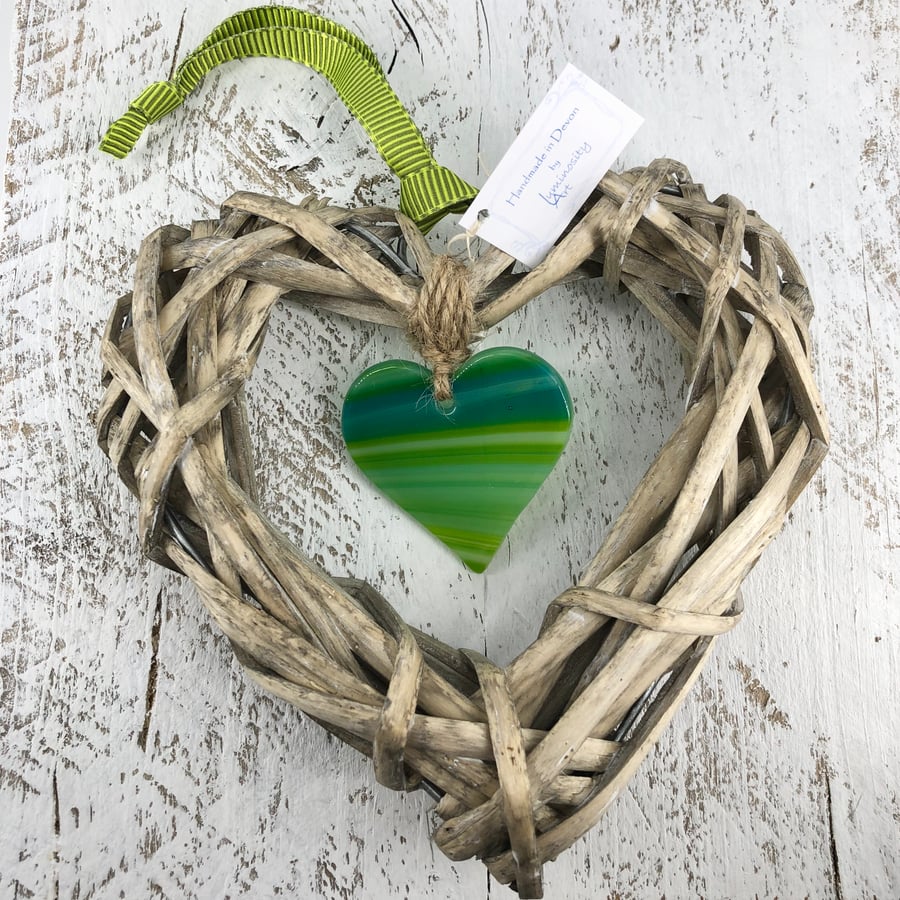 Green Glass & Wicker Heart with co-ordinating Ribbon