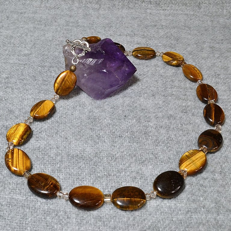 Tiger’s Eye Ovals Necklace with Pale Peach Square and Faceted Crystals