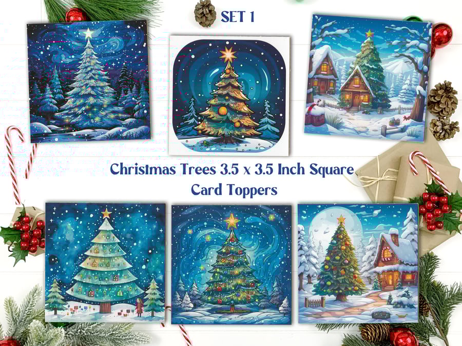 Christmas Trees Square Card Toppers for Card Making, Tags, Journals, Scrapbooks