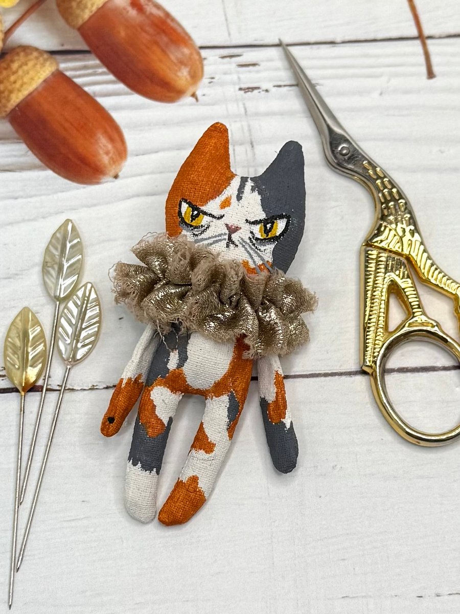 Hand Painted Miniature Cat Art Doll in Calico