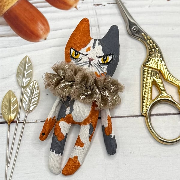 Hand Painted Miniature Cat Art Doll in Calico