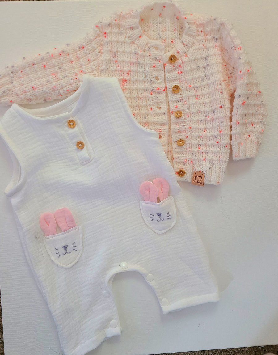 White cotton gauze romper with matching wool cardigan