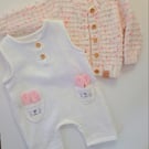 White cotton gauze romper with matching wool cardigan