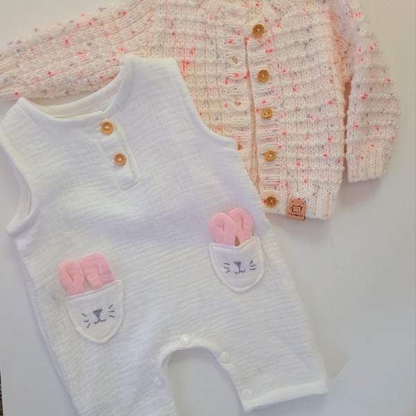 White cotton gauze romper with matching wool cardigan