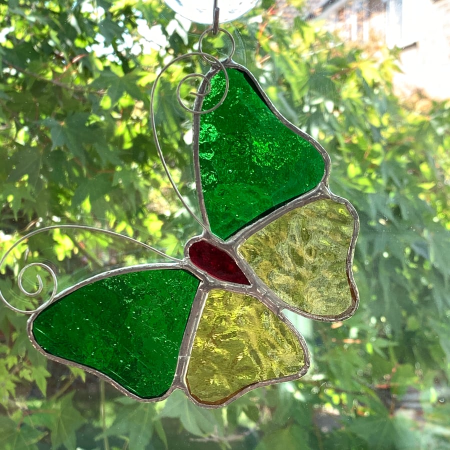 Stained Glass Butterfly Suncatcher - Handmade Decoration - Green and Amber