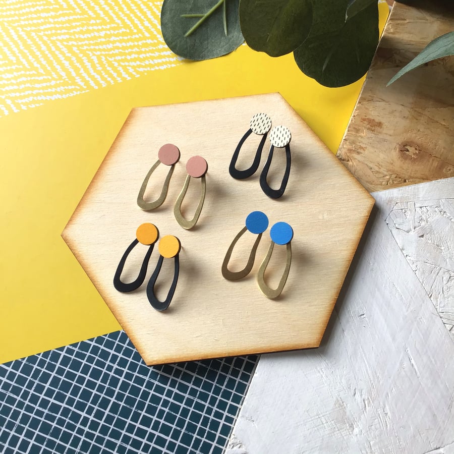 Geometric Wave Wood and Brass Stud Earrings