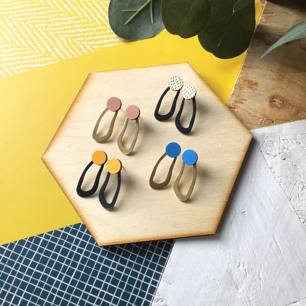 Geometric Wave Wood and Brass Stud Earrings