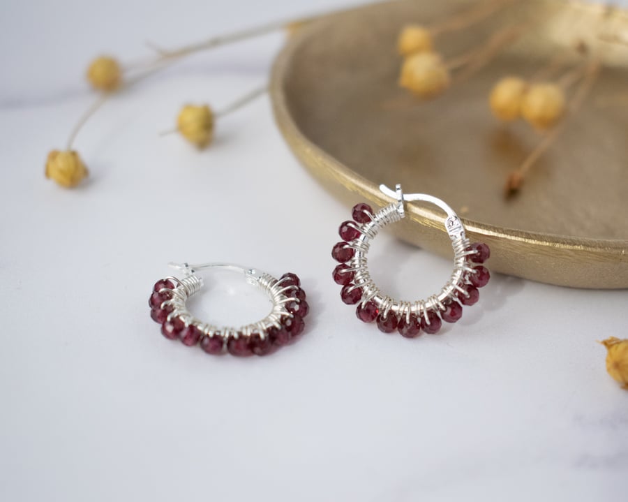 Boho Hoop Earrings with Rhodolite Garnet Gemstones