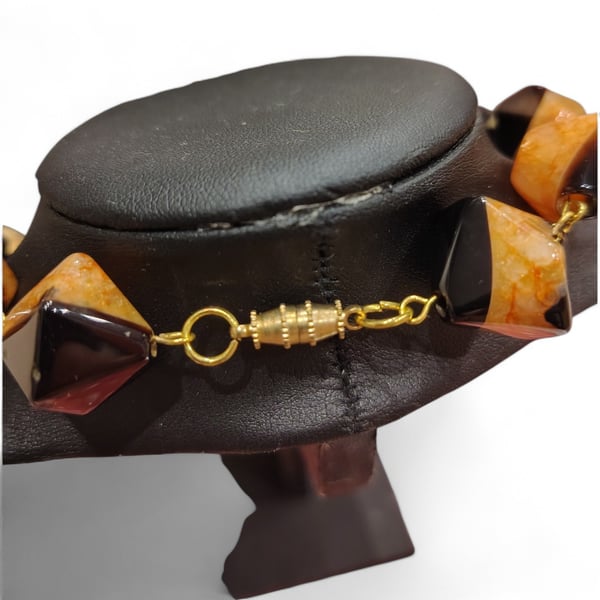 Gold-Plated Orange and Black Agate Necklace