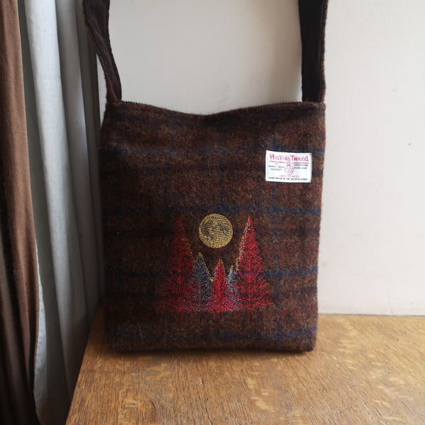 Harris Tweed Bucket Bag with Embroidered autumnal scene 