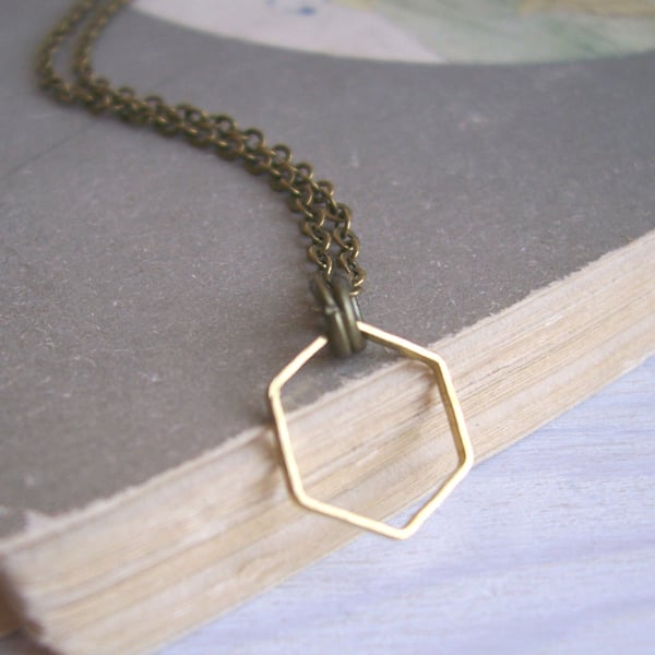 Single Golden Hexagon necklace - small fine honeycomb charm - simple