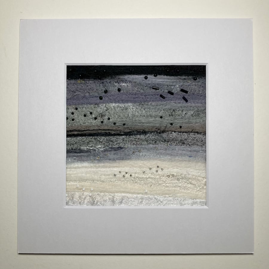 Monochrome needle felted silk and wool abstract textile art,  black & white