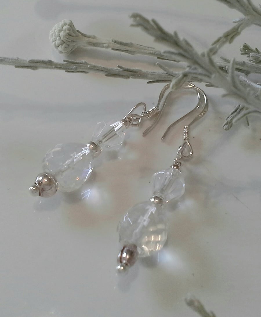 Genuine Faceted Diamond White Quartz Sterling Silver Earrings