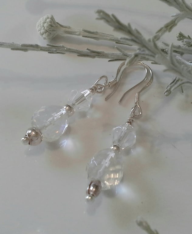 Genuine Faceted Diamond White Quartz Sterling Silver Earrings