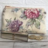 Large purse, coin purse in cream with pink and purple Roses