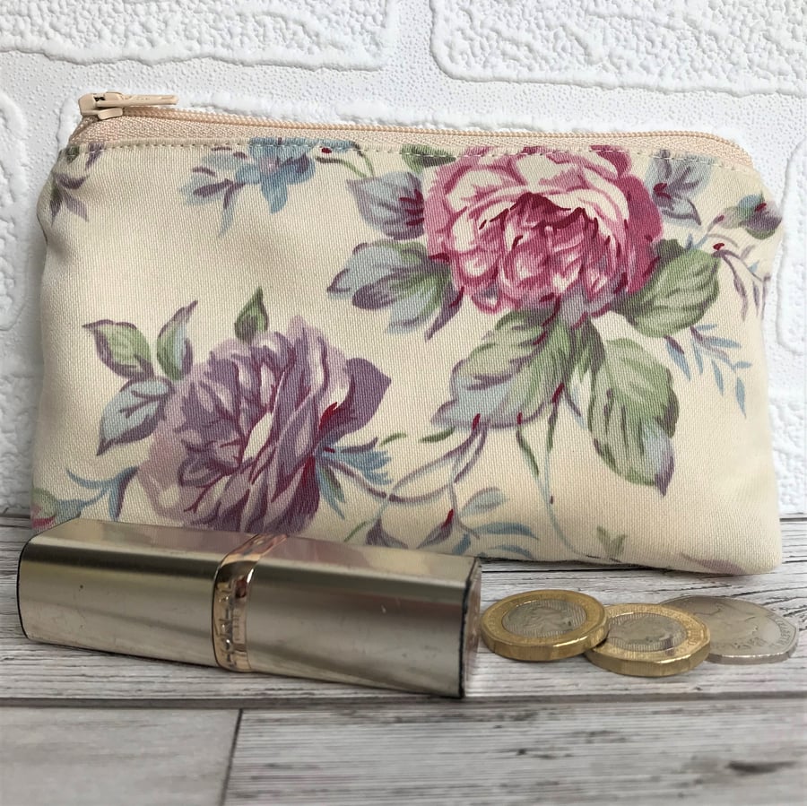 Large purse, coin purse in cream with pink and purple Roses