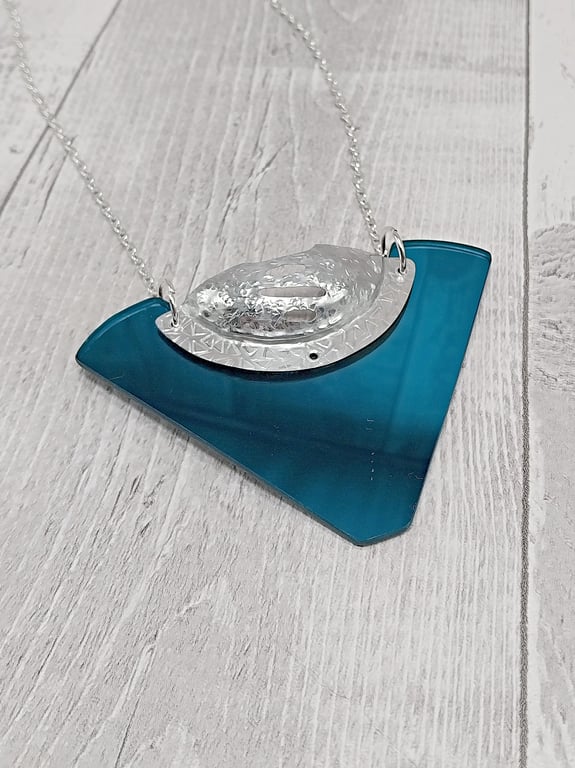 Recycled Aluminium Drink Can Base Metal, Teal Triangular Acrylic Shape Necklace