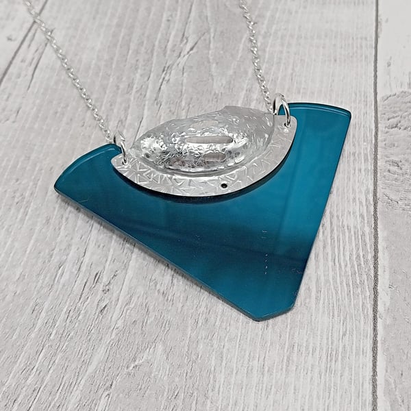 Recycled Aluminium Drink Can Base Metal, Teal Triangular Acrylic Shape Necklace
