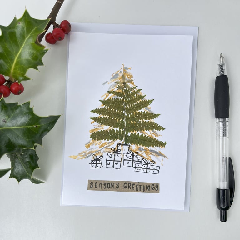Handmade Real Pressed Ferns Christmas Tree Card