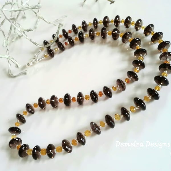 Designer Natural AA Smokey Quartz & Citrine Sterling Silver Necklace ONE OFF