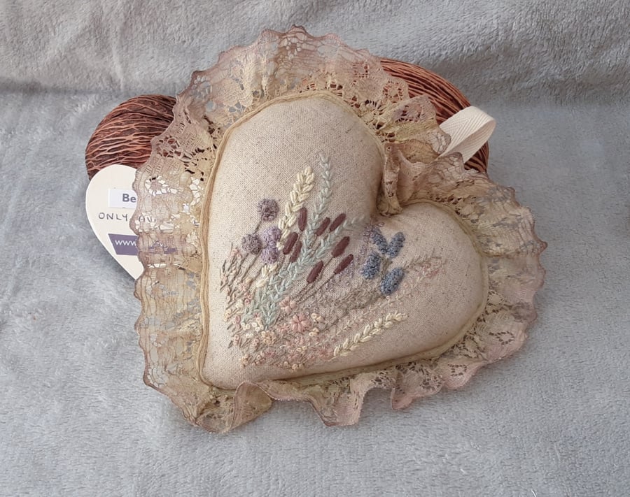 Hand Embroidered Lavender Heart, Lavender sachet, heirloom gift by Bearlescent