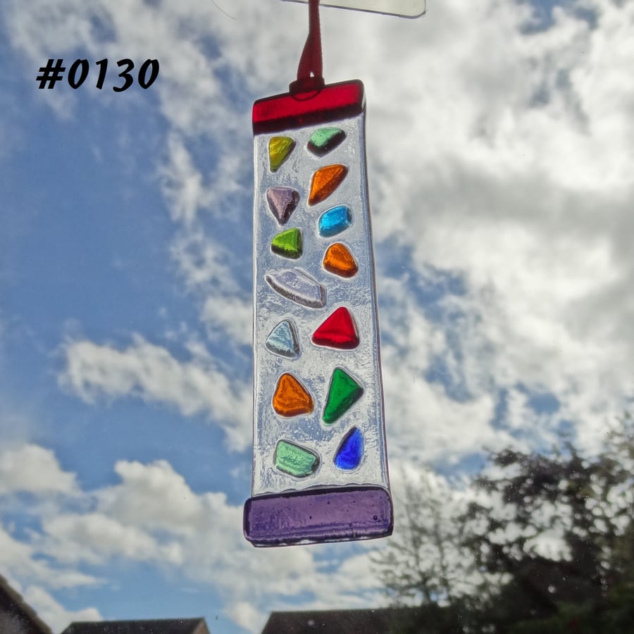 Rainbow mosaic patterned handcrafted fused glass suncatcher, 12x3cm (0130)
