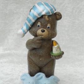 Ceramic Hand Painted Brown Blue White Bed Time Bear Animal Figurine Ornament.