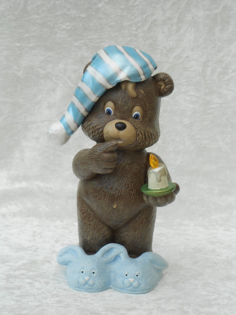 Ceramic Hand Painted Brown Blue White Bed Time Bear Animal Figurine Ornament.