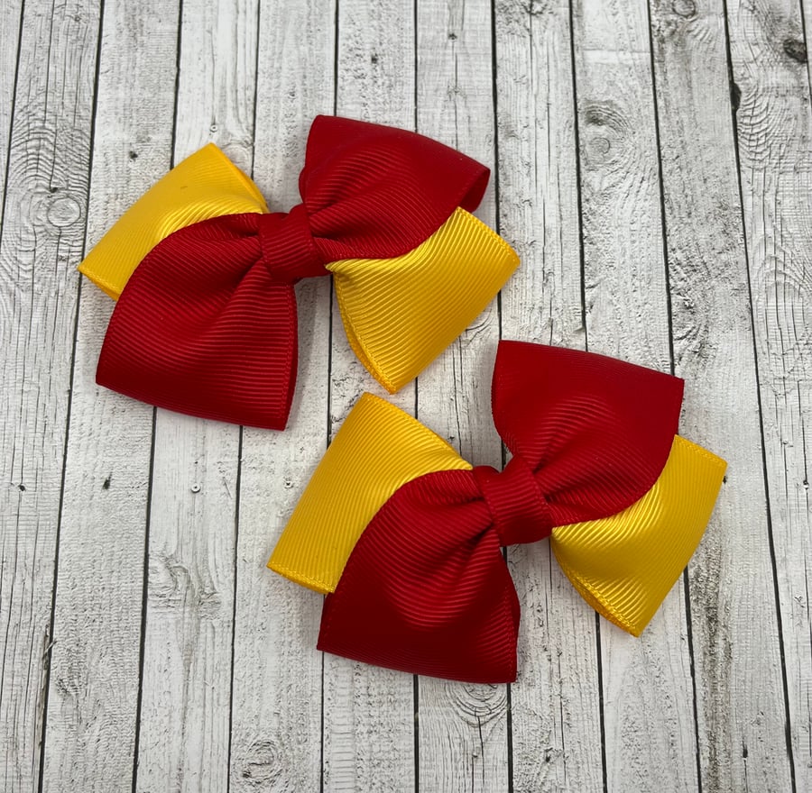 School Red and Yellow Gold Diagonal Double with Bows on Clips (pair)
