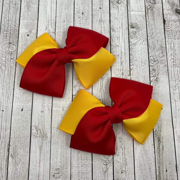 School Red and Yellow Gold Diagonal Double with Bows on Clips (pair)