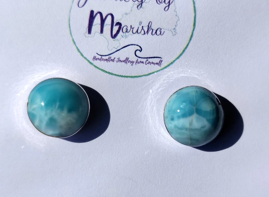 Larimar Studs Earrings Sterling Silver Jewellery Gift 12mm Round Rare Gemstone