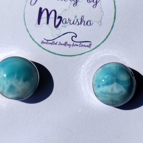Larimar Studs Earrings Sterling Silver Jewellery Gift 12mm Round Rare Gemstone
