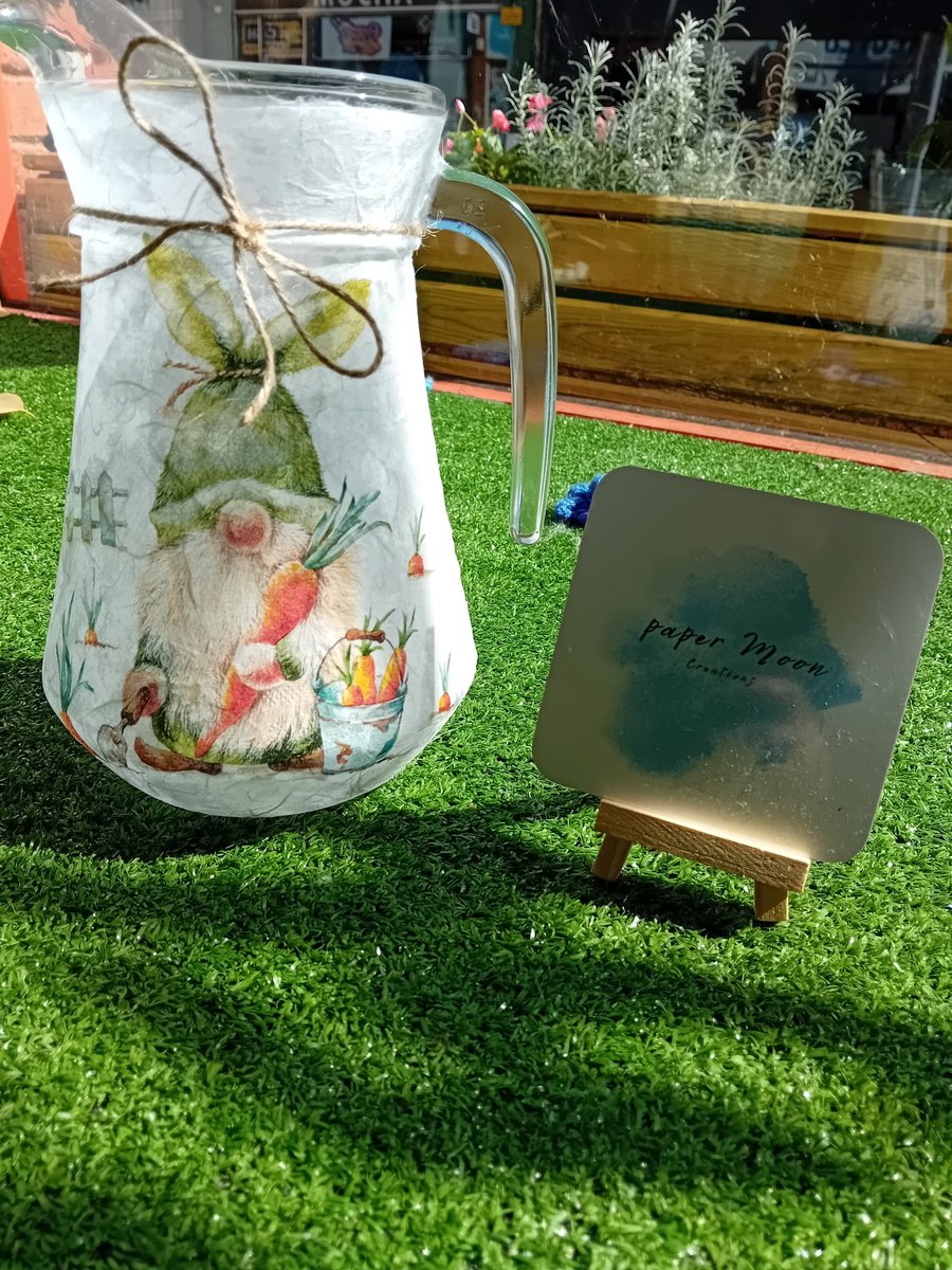 Decoupaged Gnome theme Glass jug