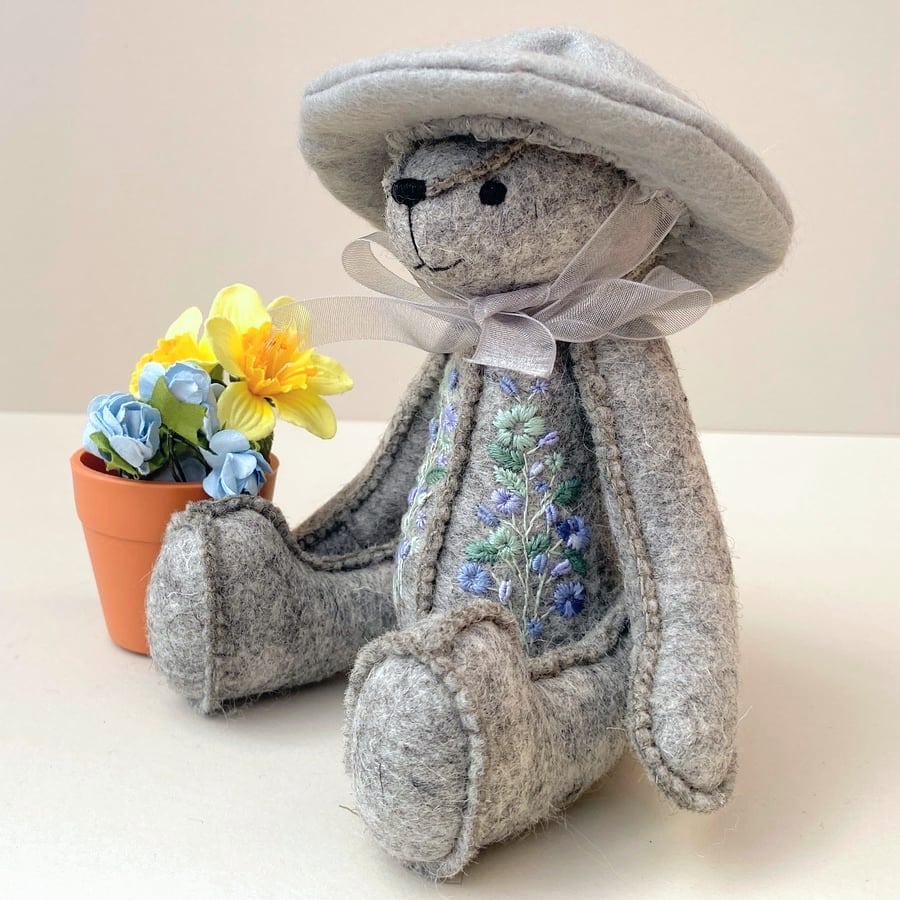 Artist teddy bears, hand sewn one of a kind collectible bear, embroidered teddy