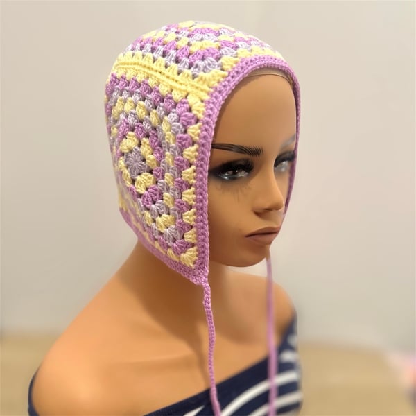 Crochet Pastel Bonnet Hat  Lilac Yellow lavender Granny Squares Handmade