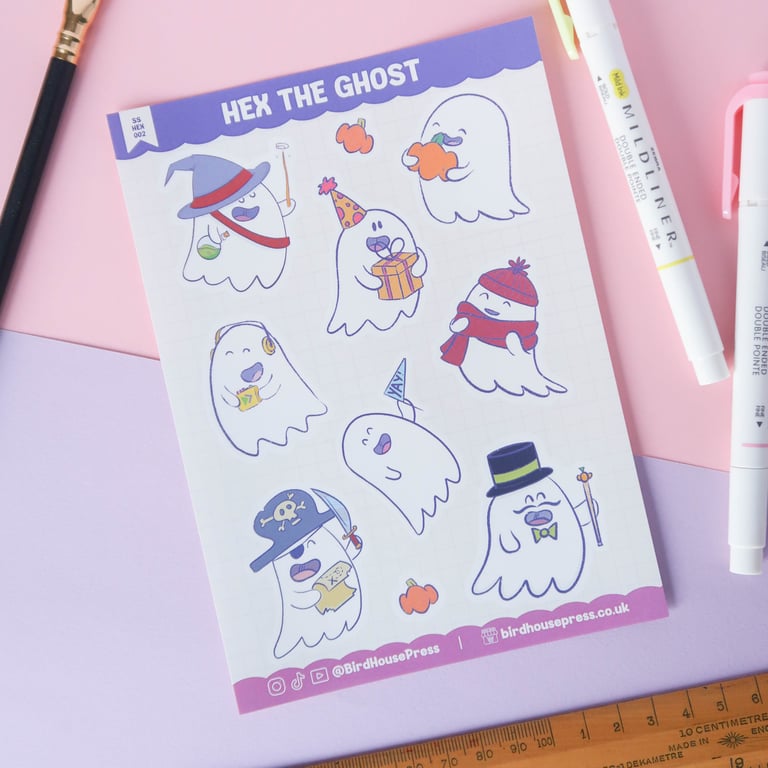 Hex the Ghost – Cute Spooky Glossy Sticker Sheet for Planners & Crafts