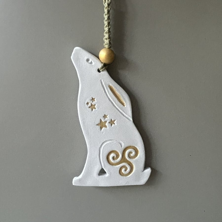 Celtic Moon Clay Hare Wall Hanging with Moon Gazing Hare