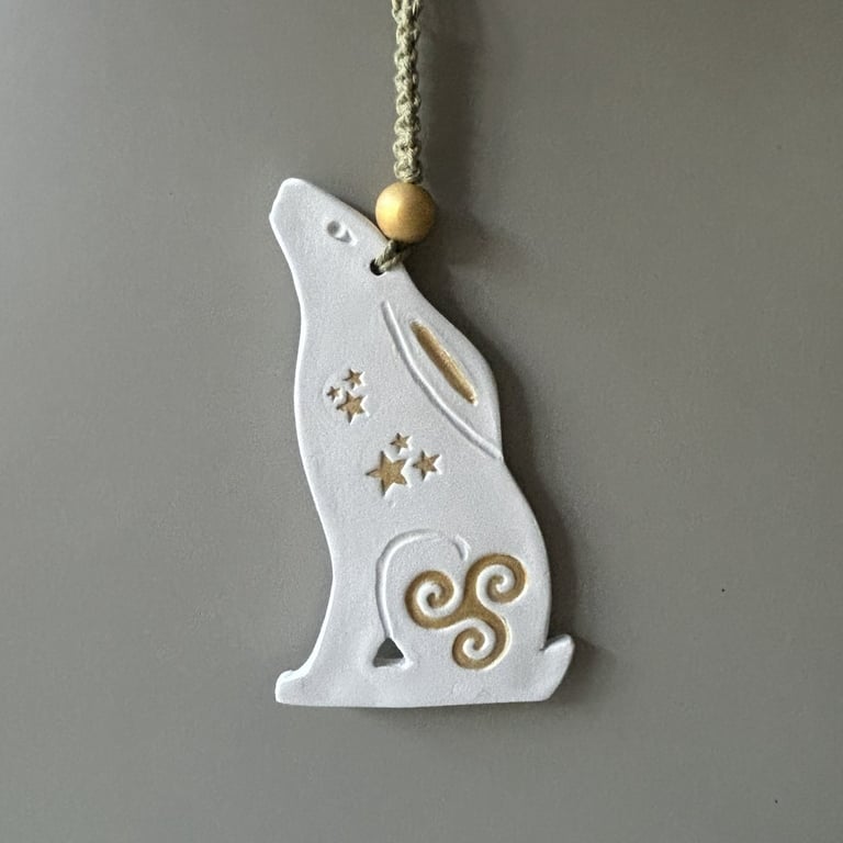 Celtic Moon Clay Hare Wall Hanging with Moon Gazing Hare
