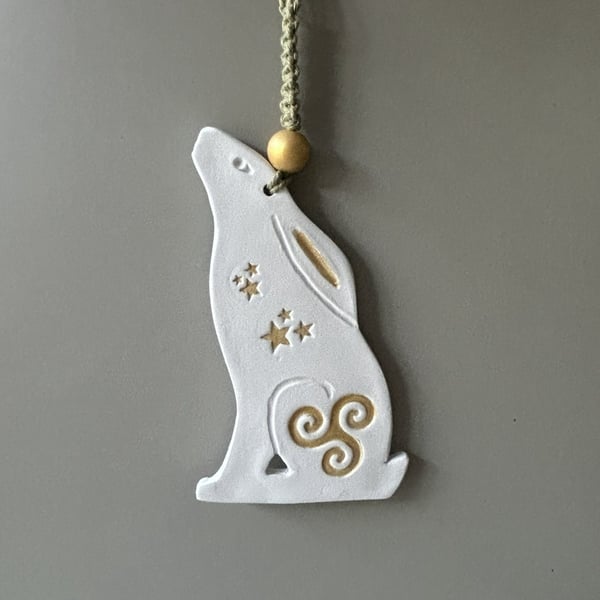 Celtic Moon Clay Hare Wall Hanging with Moon Gazing Hare